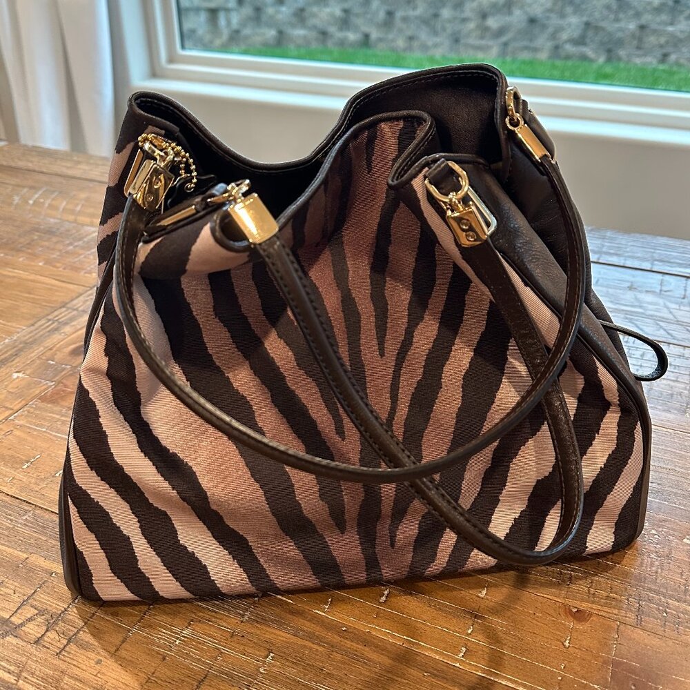 Coach Zebra Print Leather & Fabric Shoulder Bag – Brown/Beige (Excellent Conditi